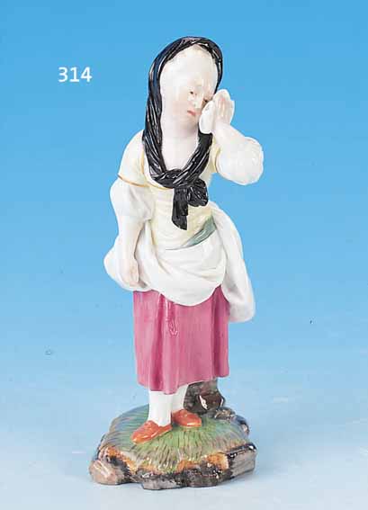 PORZELLANFIGUR, HOECHST, UM 1760-70, FRAUEN-FIGUR, MELCHIOR MODELL, BUNTE BEMALUNG, H. 15 CM