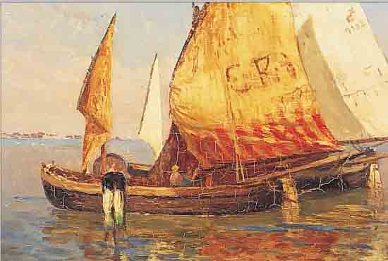 LEMMER, AUGUST, ÖL/LWD., 27,5 X 55 CM, SEELANDSCHAFT BEI VENEDIG, LEICHT KRAKELIERT