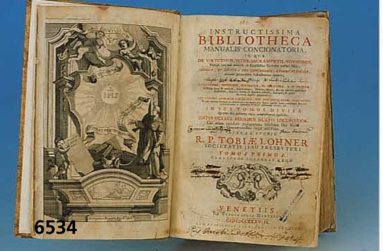 Tobias Lohner: Instructissima Bibliotheca, Venedig 1738, mit Kupferstich-Frontispiz, altersbedingt besch., orig. Schweinsleder- einband geprÄgt ...