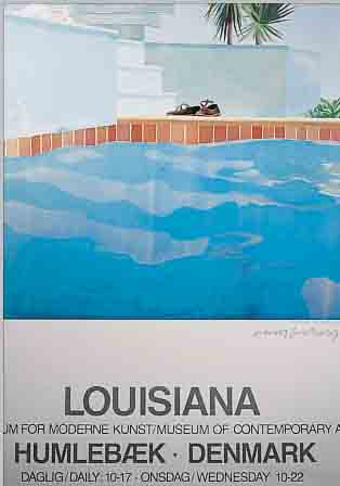 HOCKNEY, DAVID, POOL AND STEPS, PLAKAT ZUR AUSSTELLUNG LOUISIANA MUSEUM HUMBLEBAEK 1987, FARBOFFSET, HANDSIGNIERT, CA. 85 X 62 CM