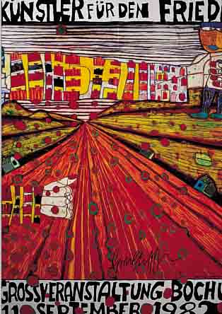 HUNDERTWASSER, FRIEDENSREICH, KüNSTLER FüR DEN FRIEDEN, PLAKAT ZUR GROß- VERANSTALTUNG BOCHUM 1982, FARBOFFSET AUF DüNNEM ...