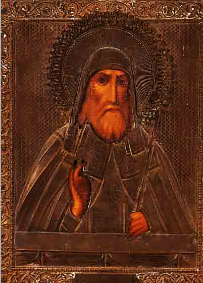 IKONE, RUSSLAND, UM 1900, DARST. EINES HEILIGEN, TEMPERA AUF HOLZ, ZISELIERTES UND PUNZIERTES METALLOKLAD, CA. 22 X 18 ...