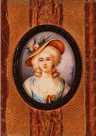 MINIATURMALEREI, FRANKREICH, UM 1890, PORTRäT EINER ADLIGEN, SIGN. SIRLAY, GOUACHE AUF ELFENBEIN, IM OVAL CA. 5 X 4 CM, RAHMEN CA. 11,5 X ...