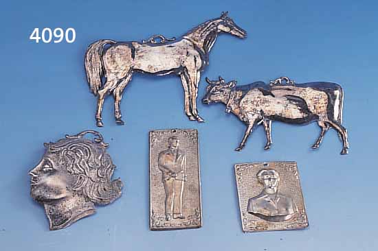 5 VOTIVGABEN, SILBERBLECH, VERSCHIEDENE DARSTELLUNGEN: PFERD, RIND, PUTTENKOPF, MANN UND FRAU, H BIS CA. 14.5 CM