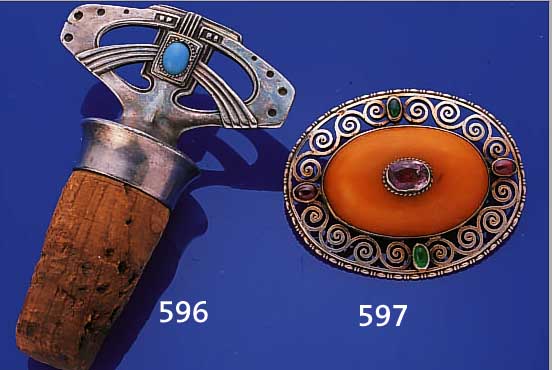 ZIERKORKEN, DEUTSCH UM 1905, SEZESSIONSSTIL, METALL, MIT TüRKISFARB. GLASCABOCHONS, SAM-MELWüRDIG, REINER JUGENDSTIL
