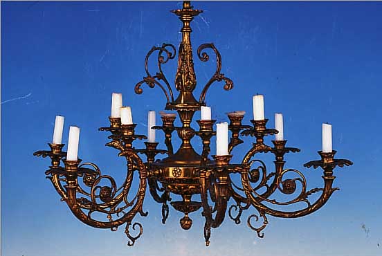 DECKENLAMPE, DEUTSCH, UM 1900/20, MESSING, D. 72 CM, H. 60 CM, 12 KERZENBRENNSTELLEN, NICHT ELEKTR. ...