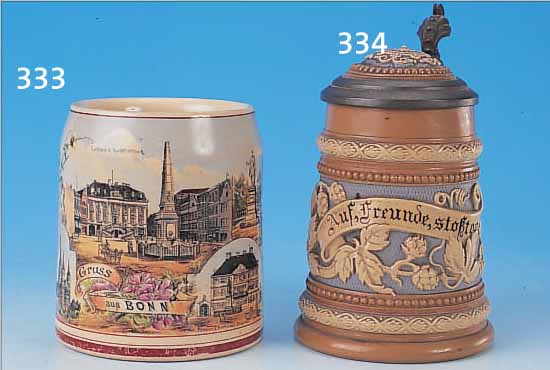 BIERKRUG, DEUTSCH, UM 1900-10, "GRUß AUS BONN", FEINSTEINGUT BUNT LITHO- GRAPHIERT MIT BONNER ANSICHTEN, LEICHT BERIE- ...