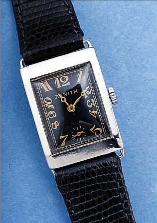 ZENITH HERRENARMBANDUHR, SCHWEIZ UM 1939, EDELST., RECT., BODEN GEDR., FORMANKERW., 15 ST., KAL. 8 3/4F, GEPR. CHATONS, KOMP.-UNR., FLACHSPIR., ...