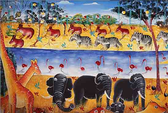 FARAILLE, GILBERT, ZEITGEN. HAITIANISCHER KüNSTLER, HIER: DIE TIERE DES DSCHUNGELS, ÖL/HARTFASER, RE. U. SIGN. U. DAT. 79, CA. 57 X 90 ...