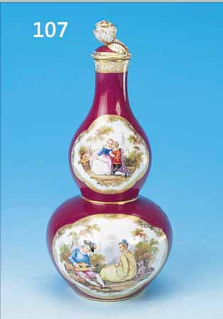 DOPPELKüRBISVASE, MEISSEN, UM 1880/90, 2. WAHL, PORZELLAN, PURPURFARBEN, VIER KARTUSCHEN MIT GALANTEN SZENEN BEMALT, ...