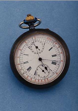 TASCHENUHRCHRONOGRAPH, REF.-NR. 34182, SCHWEIZ UM 1904, STAHL BRüNNIERT, EMAILLBL. REP., TACHYMETERAUSSENSKALA, 30 MIN. STOPP.- ZäHLER, ...