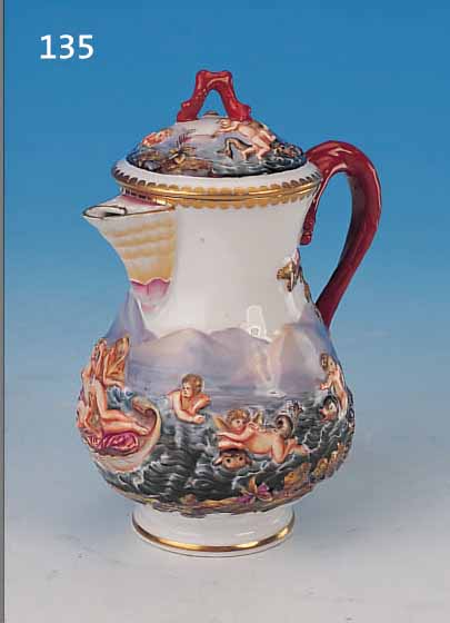 MOKKAKäNNCHEN, MEISSEN, UM 1870/80, PORZELLAN, H. 13.5 CM, ERHABENER DEKOR, REICH BEMALT, L. REST.