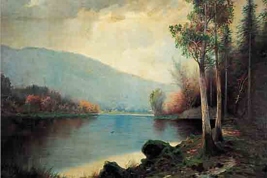 HASENDORF, W., DEUTSCHER KüNSTLER, UM 1880, ROMANTISCHER WALDSEE, ÖL/LWD (ZWEI REST. RIS- SE), SIGN., 70 X 105 CM, AUFWENDIGER HISTO- ...