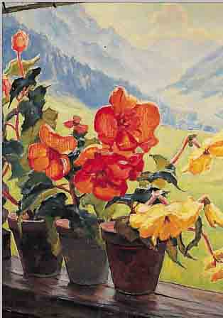 HESSE, GUSTAV, BERLINER LANDSCHAFTSMALER, NACHGEWIESEN UM 1930, BLüHENDE TOPFPFLANZEN VOR BLICK AUF EINE BERGKULISSE, ÖL/HARTFASER, SIGN., M. ...