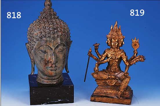SKULPTUR EINES BODDHISATVA, THAILAND, 20. JH., BRONZE, RESTE URSPR. VERGOLDUNG, VIER GESICHTER, 8 ARME, H. CA. 39 CM