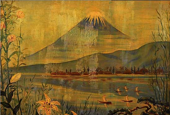 GUILLEAUME, TH., 20. JH., ÖL/LWD., 66 X 68 CM, JAPANISCHE LANDSCHAFT MIT FUJI- DARSTELLUNG, STARK VERSCHMUTZT, REINIGUNGS- BEDüRFTIG
