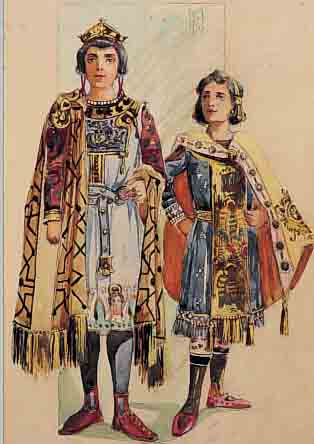 MONOGRAMMIST MK, UM 1900, JUNGES PAAR IN PRACHTVOLLEN HERRSCHAFTSGEWäNDERN, AQUARELL, SILBER U. GOLDGEHöHT (L. ALTERSSPUREN), MO- NOGR., IN ...