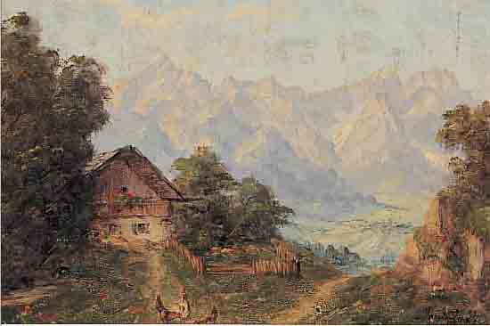 PRöLS, HANS, *1888 MüNCHEN, WIRKTE IN GAR- MISCH, BLICK AUF DIE ZUGSPITZE, IM VORDERGRUNDHüHNER VOR BAUERNHAUS, ÖL/ HARTFASER, SIGN., VERSO ...