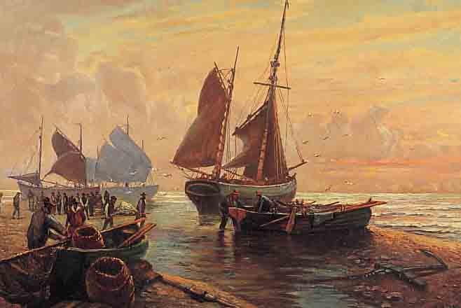 SCHLEUSING, M., KüNSTLER DES 19./20. JH., FISCHER MIT IHREN BOOTEN IN DER MORGENDäMME- RUNG, ÖL/ LWD. SIGN., CA. 55X80 CM, R.