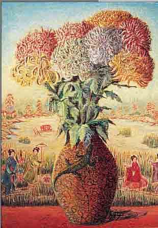 SLADCZYK, KüNSTLER DES 19./20. JH., PRACHT- VOLLER CHRYSANTHEMENSTRAUSS IN VASE MIT ECHSENMOTIV VOR JAPANISCHER PHANTASIELAND- SCHAFT MIT ...