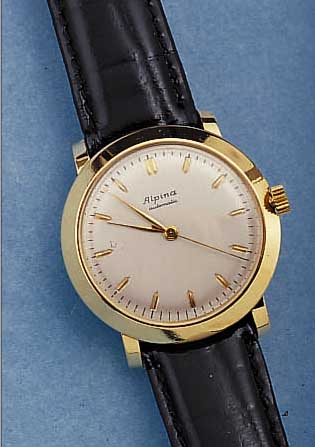 ALPINA HERRENARMBANDUHR HAMMERAUTOMATIK, REF.-NR. 130290, SCHWEIZ UM 1950, GG 750/000, BODEN M. WIDMUNGSGRAV. AUFGEDR., WERK ROT VER-GOLDET, 17 ...