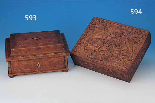 TEEDOSE, CHINA, UM 1900, NUSSBAUM, REICH GESCHNITZTER DEKOR, VON GLüCKSDRACHEN UND BLUMEN, CA. 11 X 39 X 32 CM, O. SCHLüSSEL, L. ALTERSSP.
