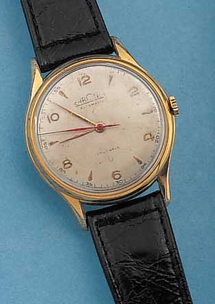 CHRONOS HERRENARMBANDUHR, HAMMERAUTOM., REF.NR. 15326, SCHWEIZ UM 1949, MET. VERG. BER., EDELST.-BOD. U. GLASR. AUFGEDR., BLATT FL., 17 ST., BEZ. ...