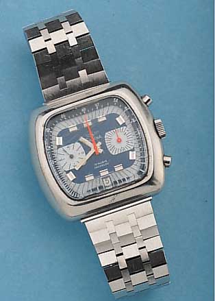 SABINA ARMBANDCHRONOGRAPH, SCHWEIZ UM 1972, EDELST. MASSIV, NEUTR. EDELST.-BAND, BODEN GESCHR., 30-MIN.-STOPPZäHLER, DATUM, 17 ST., ...