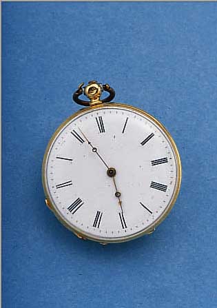 DAMENTASCHENUHR SCHLüSSELAUFZUG, SCHWEIZ UM 1868, GG 750/000, EMAILBL. FEIN HAARR., STIL FORMZEIGER, GEH.-BODEN SCHMUCKGRAV., METALL- CUV., 6 ...