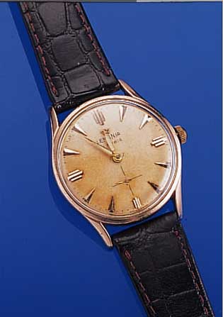 LEMANIA HERRENARMBANDUHR, REF.-NR. 918, SCHWEIZ UM 1958, EDELST. M. RG-HAUBE, VERS. ORIG.-BLATT ALTERSBED. FARBL. GET., AUFGES. ...