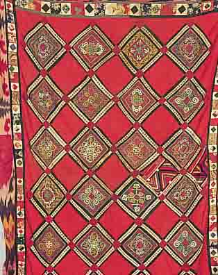 SUSANI-DECKE TADSCHIKISTAN PATCHWORK M.STICKEREI M.SEIDE CA.208 X 142 CM.EHZ.3 CA.50 JAHRE
