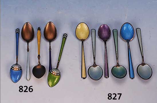 SECHS MOKKALöFFEL, NORWEGEN, DAVID ANDERSON, 800ER SILBER, GUILLOCHIERT UND TRANSLUZID EMAILLIERT, L. JE CA. 9,5 CM