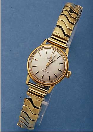 OMEGA DAMENGOLDBANDUHR LADYMATIC, REF.-NR. 565003, SCHWEIZ UM 1967, GG 750/000, NEUTR. GG585/000 SCHERENGLIEDERB., BLATT VERSILB., AUFGEL. ...