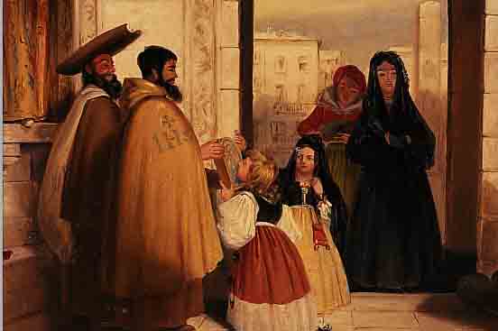UNBEKANNTER MALER, SPANIEN, 19. JH., BITTSTELLER BEIM BISCHOF, ÖL/MALKARTON, FEINE LASIERENDE MALEREI, CA. 38 X 27 CM, R.