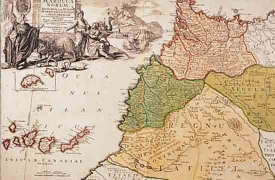 KOLORIERTE KUPFERSTICHKARTE, HOMANN NüRNBERG 1728, MAROKKO UND DIE KANARISCHEN INSELN, BUGFALTE, CA. 47,5 X 55 CM, PP
