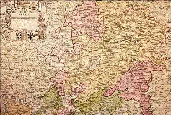 KOLORIERTE KUPFERSTICHKARTE VON HOMANN, DER OBERLAUF DES RHEINES, BUGFALTE, LEICHT GEBRäUNT, CA. 49 X 58 CM