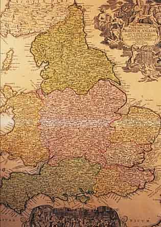 KOLORIERTE KUPFERSTICHKARTE VON HOMANN, ENGLAND, BUGFALTE, GEBRäUNT, CA. 56,5 X 48 CM