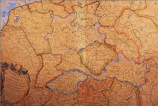 KOLORIERTE KUPFERSTICHKARTE VON ROBERT DE VAUGONDY, 1756, DAS ANTIKE GERMANIEN, BUGFALTE, GEBRäUNT, CA. 47 X 58 CM