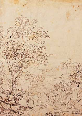 ZUSCHREIBUNG: CARLO ANTONIO TAVELLA, 1668-1738, LANDSCHAFTSDARSTELLUNG, BRAUNE TUSCHFEDERZEICHNUNG AUF PAPIER, CA. 27 X ...