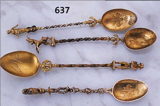 6 ANDENKENLöFFEL, UM 1900/10, DEUTSCH, VERSCH. STäDTE, SILBER TEILVERGOLDET, INTER- LAKKEN, AJACCIO (NAPOLEONBEKRöNUNG), U.A. ...