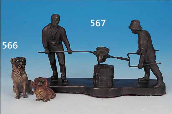 BRONZESKULPTUR, GELSENGUß 20. JH., ZWEI GIEßER, 13 X 21 CM