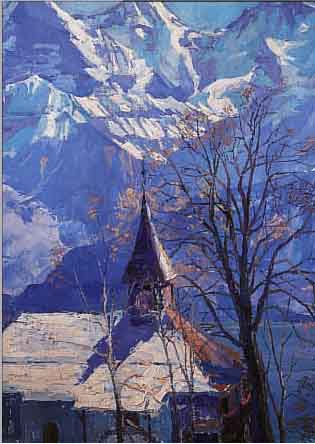 UNBEKANNTER KüNSTLER, 30ER JAHRE, ÖL/LWD., 63 X 42,5 CM, GEBIRGSLANDSCHAFT MIT KIRCHE