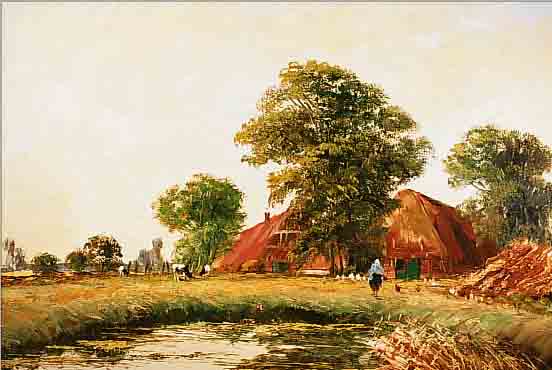 COUNE, JEAN, 1900 - 1963 DüSSELDORF, ÖL/LWD. 70 X 80 CM, BAUERNGEHöFT MIT BäUERIN UND TIEREN, SIGNIERT