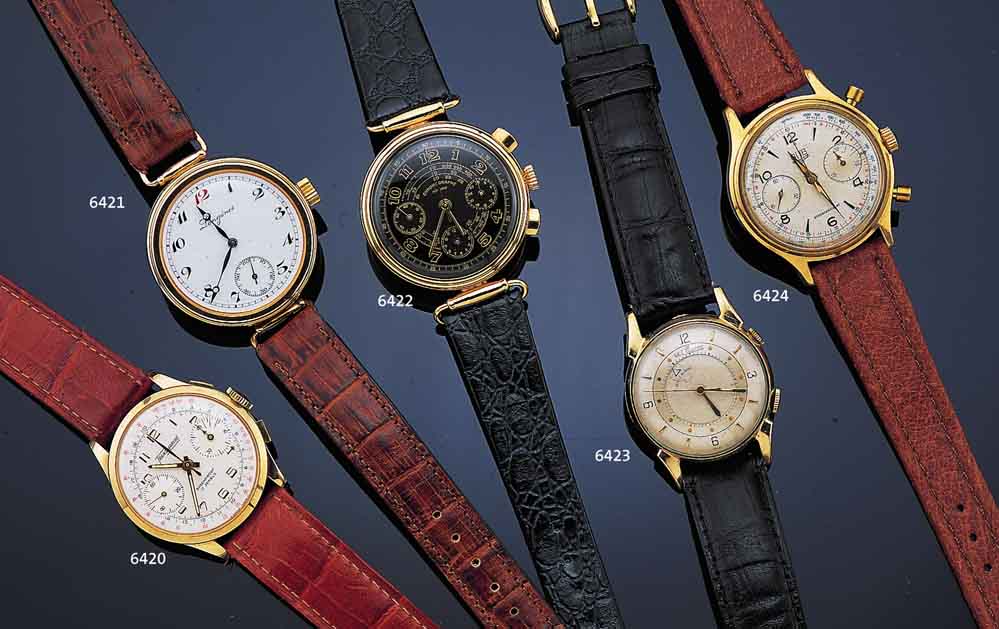 TRANSMARINE ARMBANDCHRONOGRAPH, SCHWEIZ UM 1960, 585ER GG, BODEN UND GLASR. AUFGEDR., UNGETR. LAGERWARE, LEDERB., MATT VERS. BLATT, 45 MIN. ...