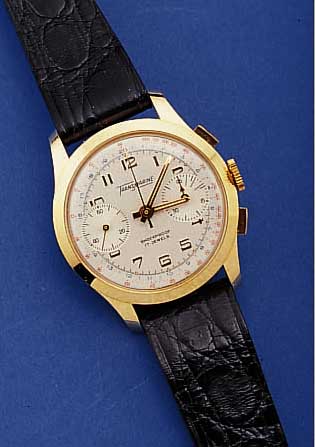TRANSMARINE ARMBANDCHRONOGRAPH, SCHWEIZ UM 1960, 585ER GG, EDELSTAHLB. U. GLASR. AUFGEDR.UNGETR. LAGERWARE, LEDERB., MATT VERS. BLATT, 45 MIN. ...
