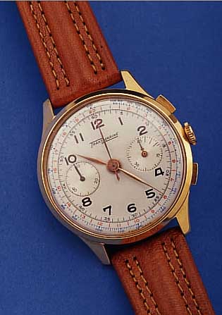 TRANSMARINE ARMBANDCHRONOGRAPH, SCHWEIZ UM 1958, METALL ROSé VERG., EDELST.-BODEN UND GLASR. AUFGEDR., 45 MIN. STOPPZäHLER, 17 ST., HANDAUFZ., ...
