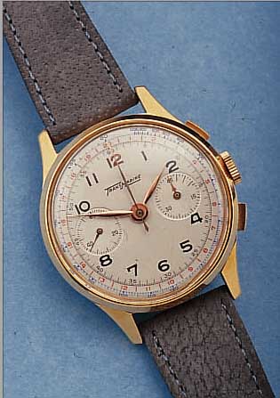 TRANSMARINE ARMBANDCHRONOGRAPH, SCHWEIZ UM 1958, METALL ROSé VERG., EDELST.-BODEN UND GLASR. AUFGEDR., 45 MIN. STOPPZäHLER, 17 ST., HANDAUFZ., ...
