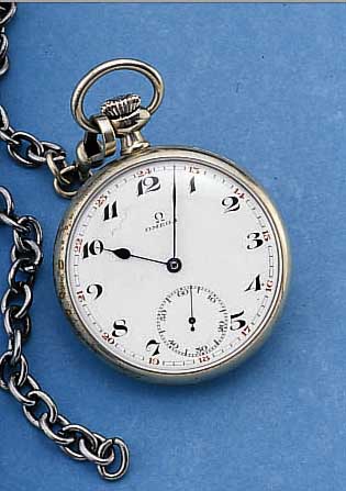 OMEGA HERRENTASCHENUHR LE PINE, SCHWEIZ UM 1928, NICKEL, PERF. EMAILBL. SIGN. AUßEN ROT 13-24, NICKELANKERW., 15 STEINE, KAL. 40,6 ...