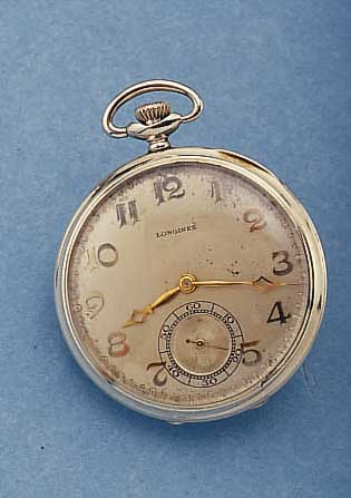 LONGINES HERRENTASCHENUHR, SCHWEIZ UM 1920, 585/000 WG, VERG. BLATT FLECK., AUFGELEGTE GOLD-STD-ZEICHEN, KL. SEK.VERT., BRüCKENANKER-WERK IN ...