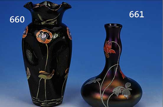 JUGENDSTILVASE, WOHL POSCHINGER, UM 1910, DUNKES GLAS, LüSTRIERT, H. 19,5 CM, EMAILMALEREI, FLORALER DEKOR, DEKORATIV